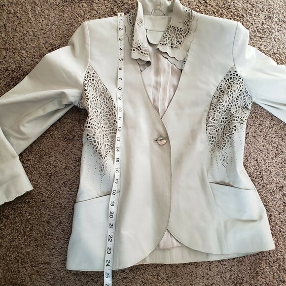 RARE Vera Pelle Lasercut Side Panel Real Soft Leather Collared Seafoam Jacket S* - Picture 6 of 10